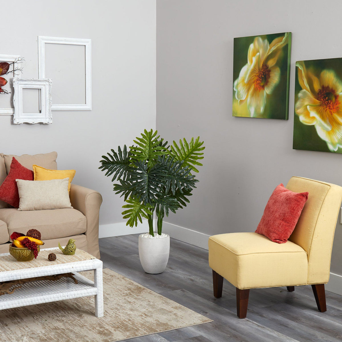 3.5’ Philodendron Artificial Plant in White Planter (Real Touch)