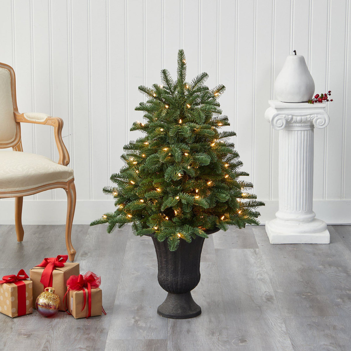 3.5’ South Carolina Spruce Artificial Christmas Tree with 100 White Warm Light and 458 Bendable Branches in Charcoal Urn