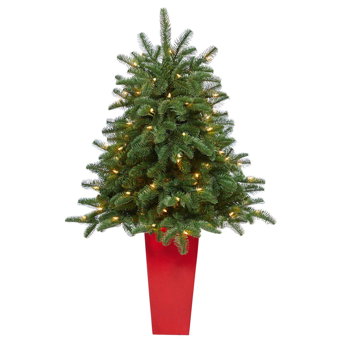 a tree with lights in a red pot