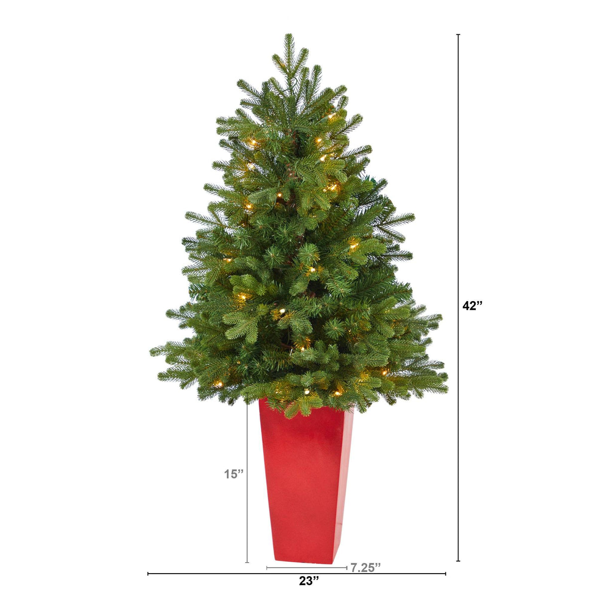 a small christmas tree with lights in a red pot