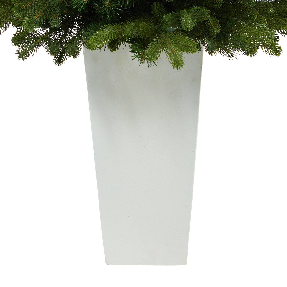 a white vase with a green plant
