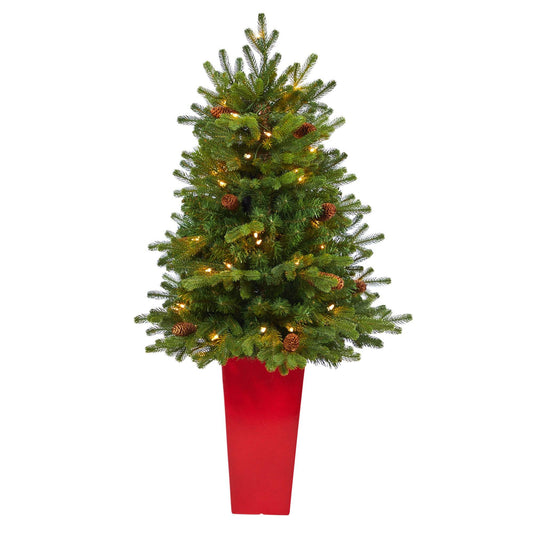 a tree with lights in a red pot