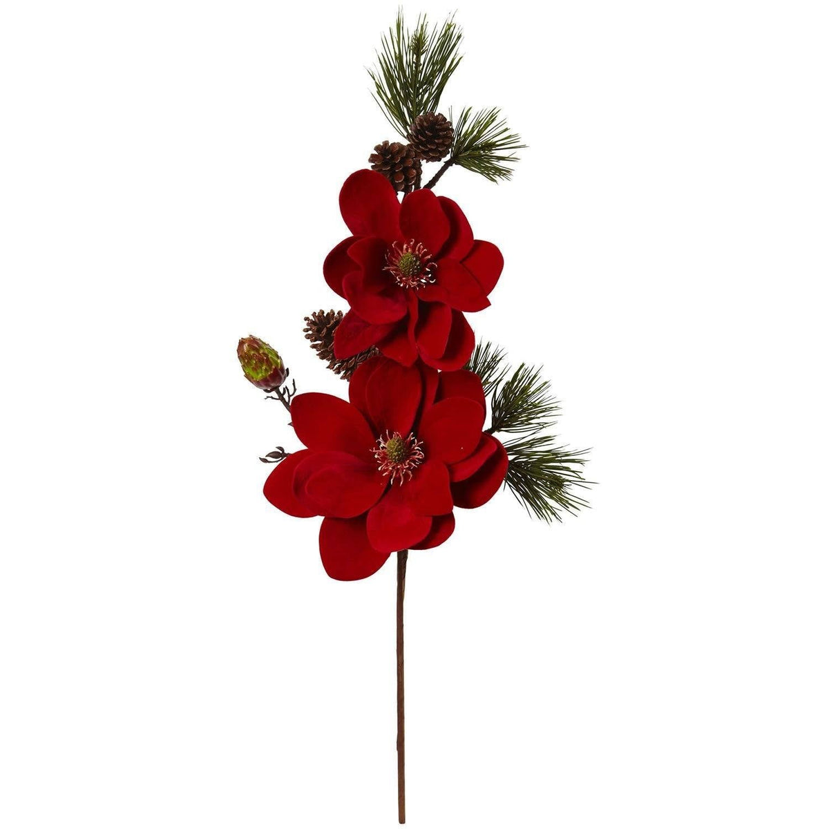 a red flower with pine cones