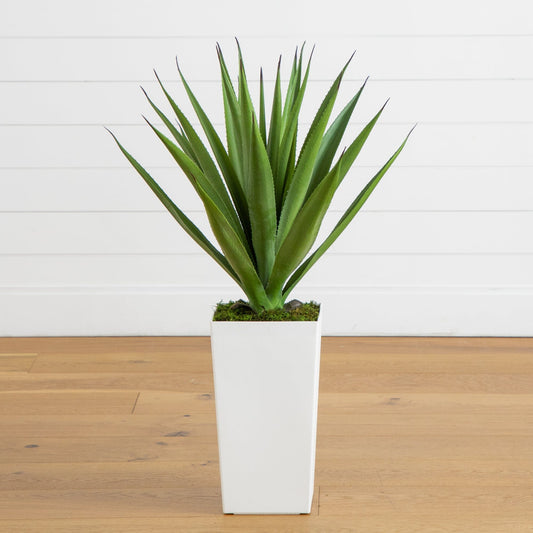 37" UV Resistant Artificial Agave Plant in White Tower Planter (Indoor/Outdoor)
