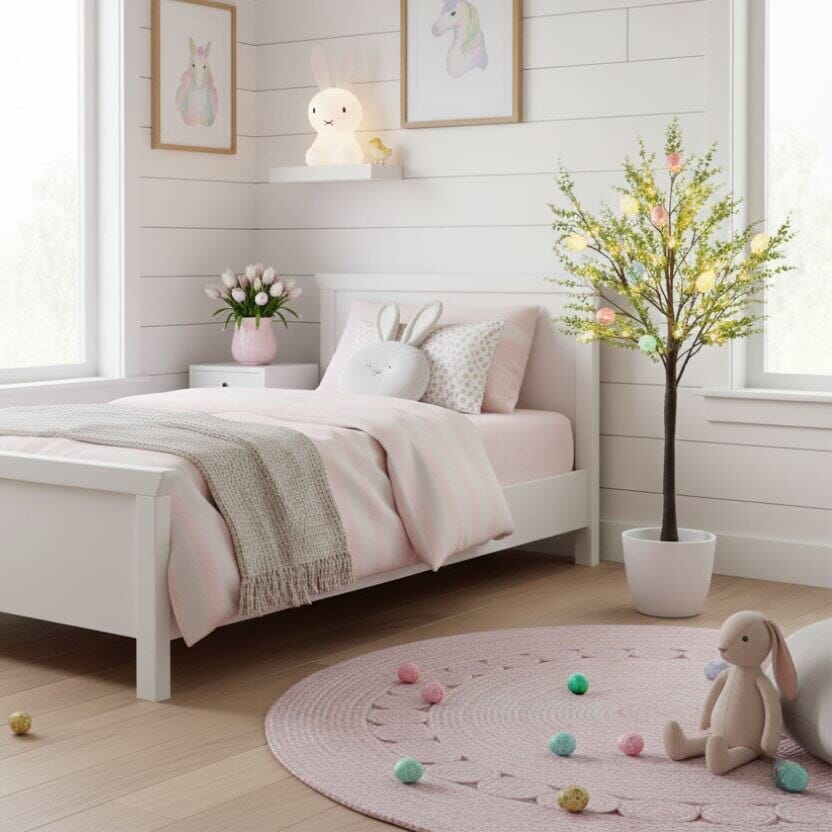 a bedroom with a pink bed and a pink rug and a pink bunny rabbit