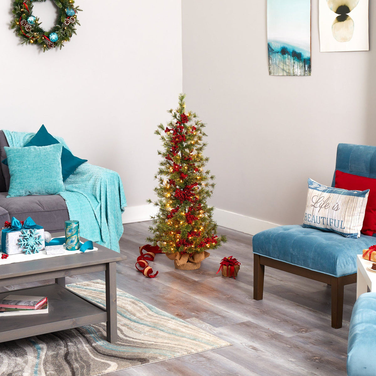 a christmas tree in a living room