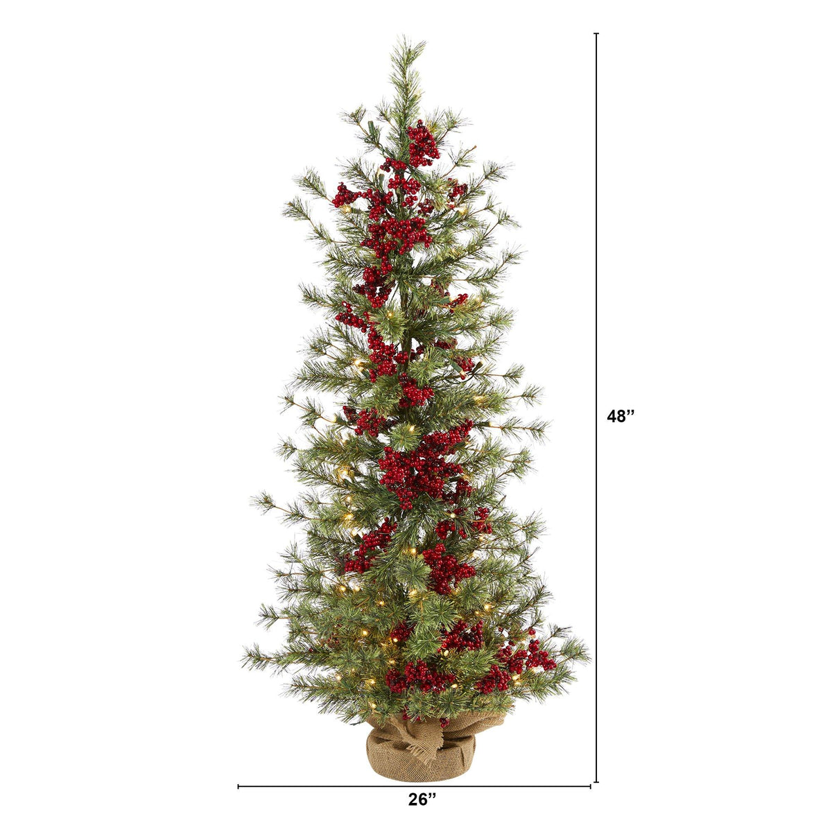 a tall christmas tree with red berries and lights