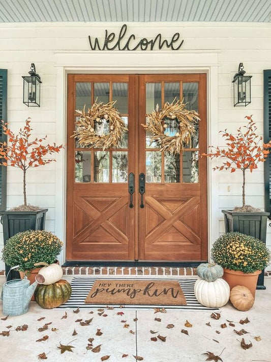 a door with pumpkins and plants on the front