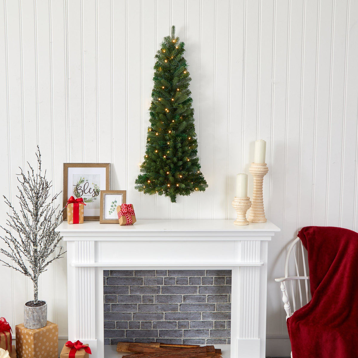 a christmas tree on a fireplace