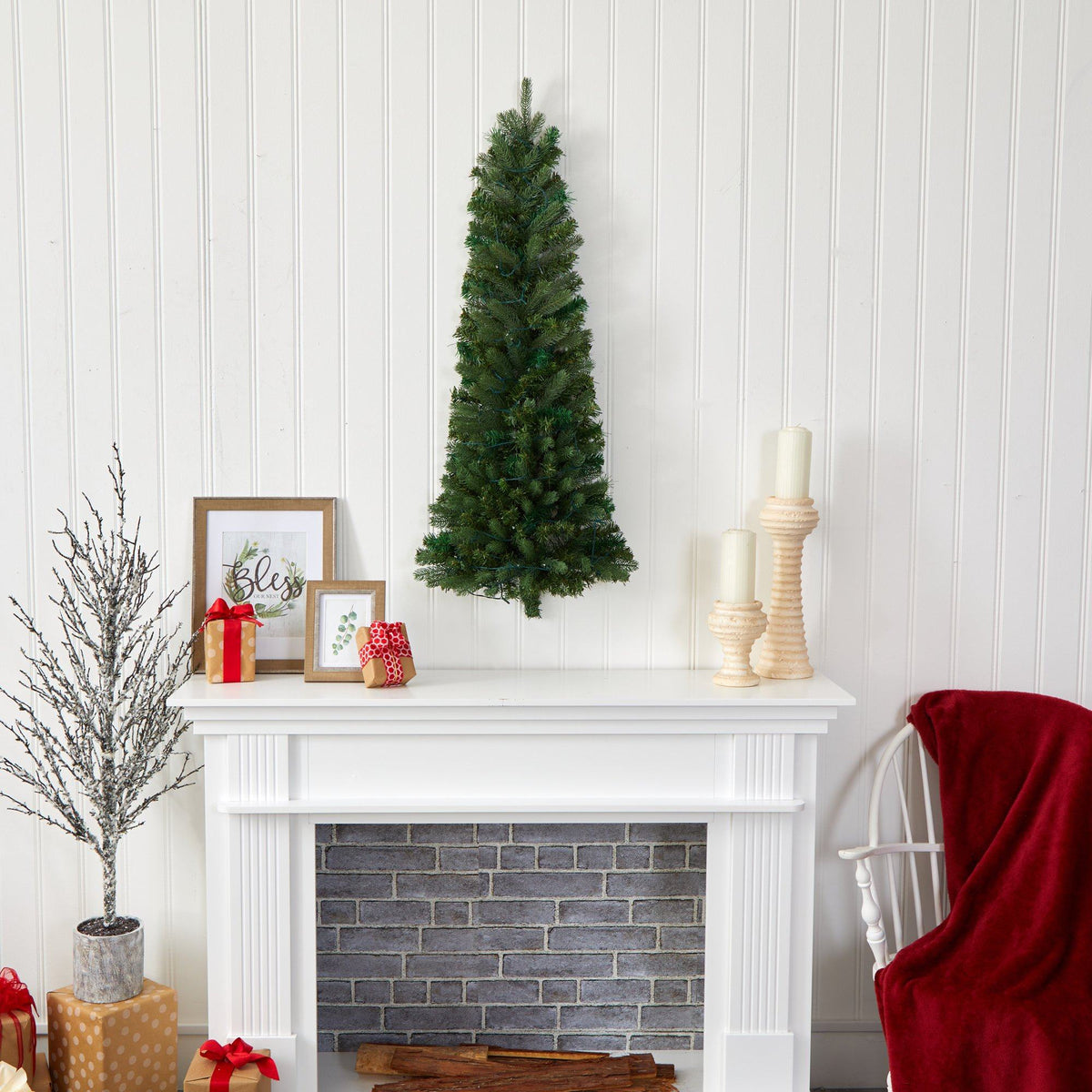 a christmas tree on a fireplace