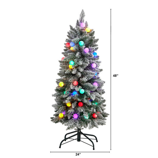 4' Flocked British Columbia Mountain Fir Artificial Christmas Tree with 40 Multi Color Globe Bulbs and 247 Branches