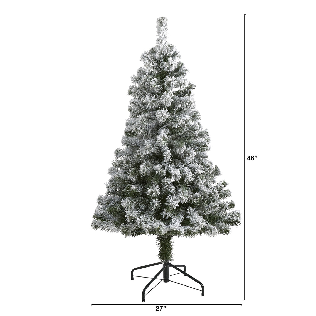 a tall artificial christmas tree with snow on it