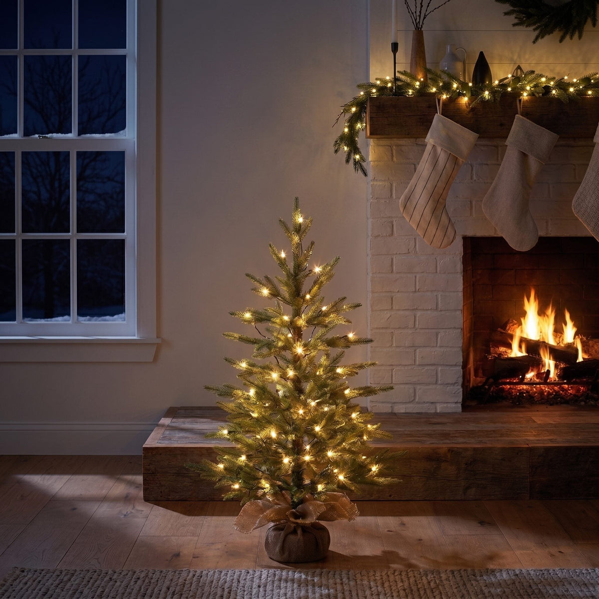 a christmas tree with lights in front of a fireplace