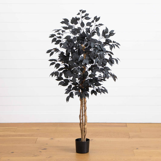 4' Artificial Halloween Black Ficus Tree with Natural Trunk