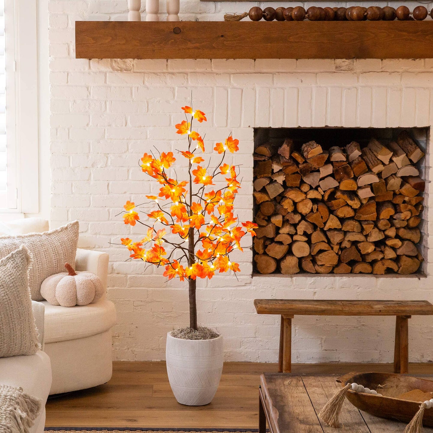 4' Pre-Lit Minimalist Autumn Maple Artificial Fall Tree with 56 Warm White LED Lights