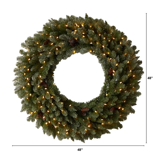 4’ Large Flocked Christmas Wreath with Pinecones, 150 Clear LED Lights and 330 Bendable Branches