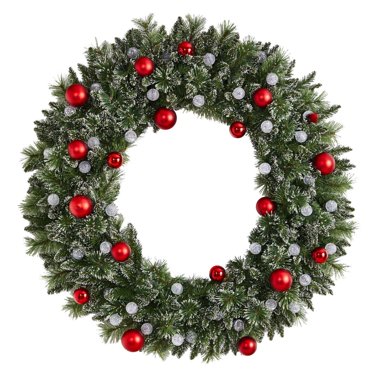 a wreath with red and silver ornaments