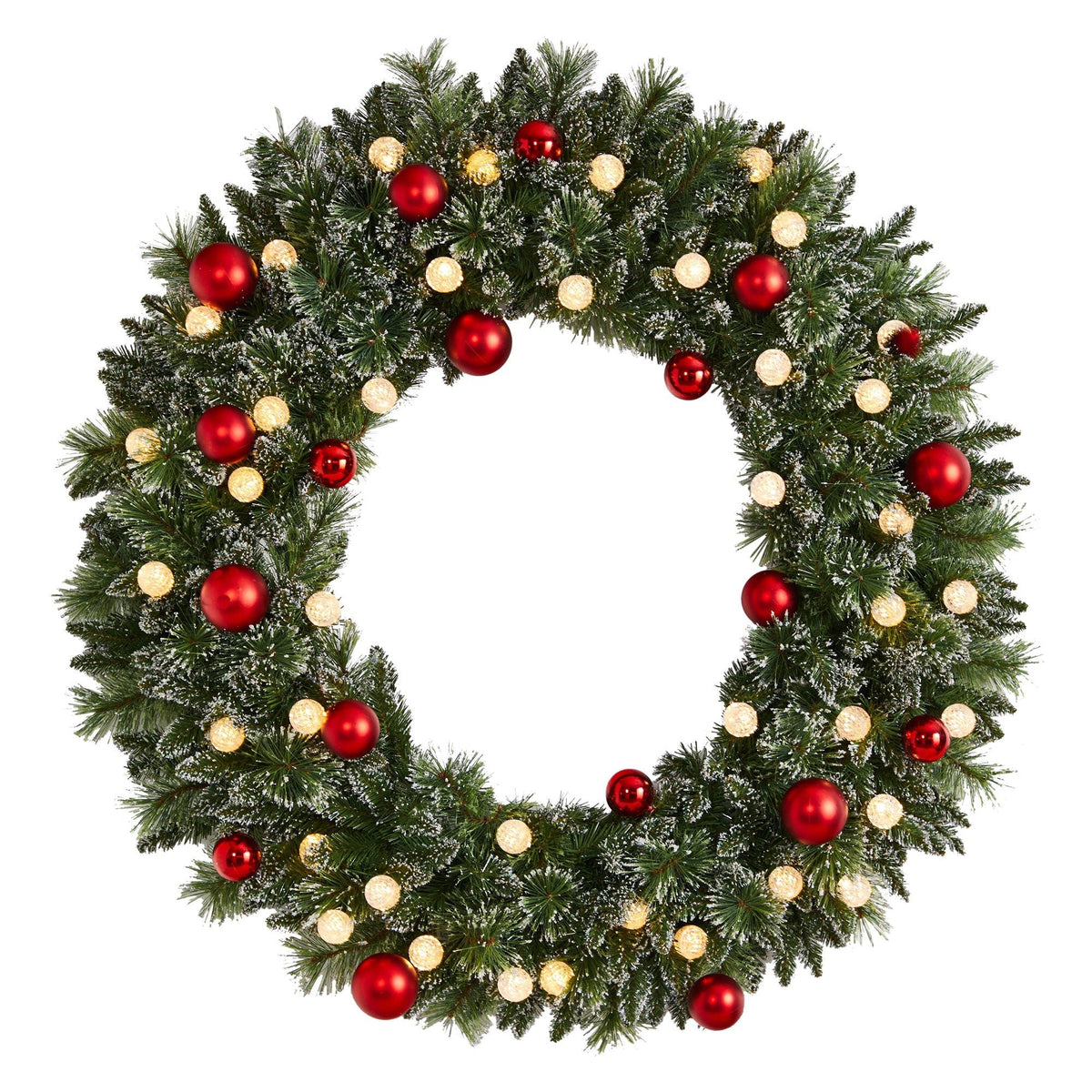 a wreath with red and white ornaments