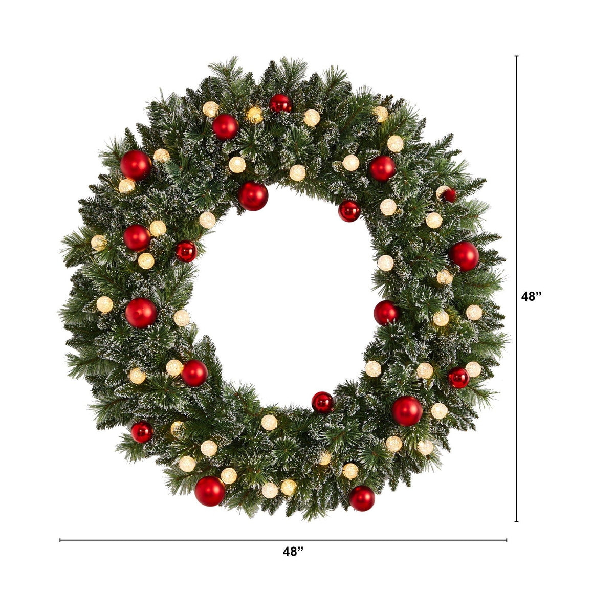 a wreath with red and gold ornaments