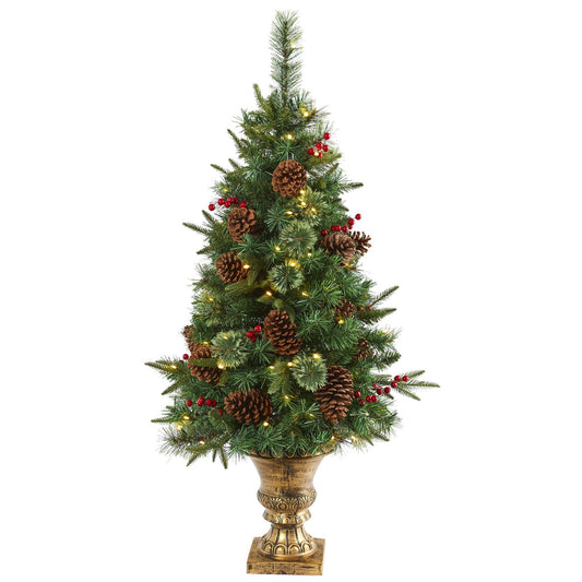 a christmas tree with lights and pine cones