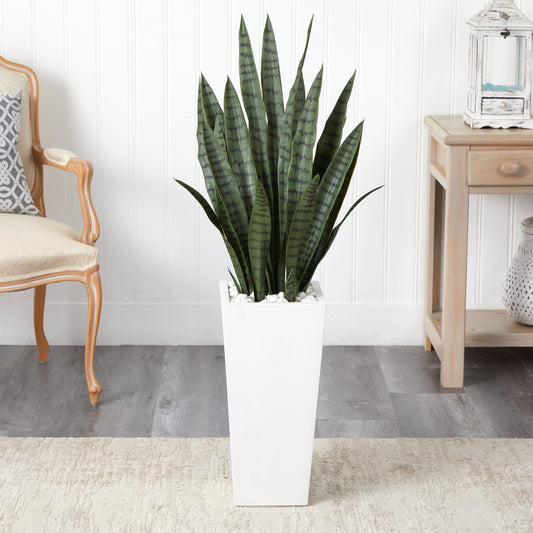 4’ Sansevieria Artificial Plant in White Tower Planter