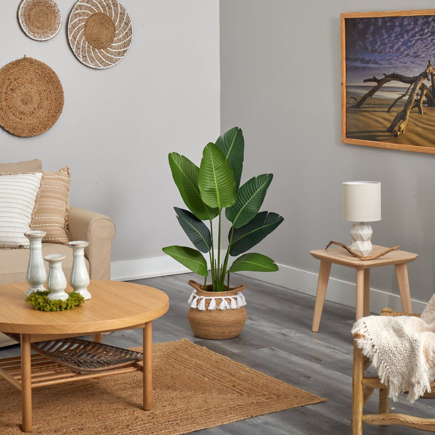 4’ Traveler's Palm Artificial Tree in Boho Chic Handmade Natural Cotton Woven Planter with Tassels