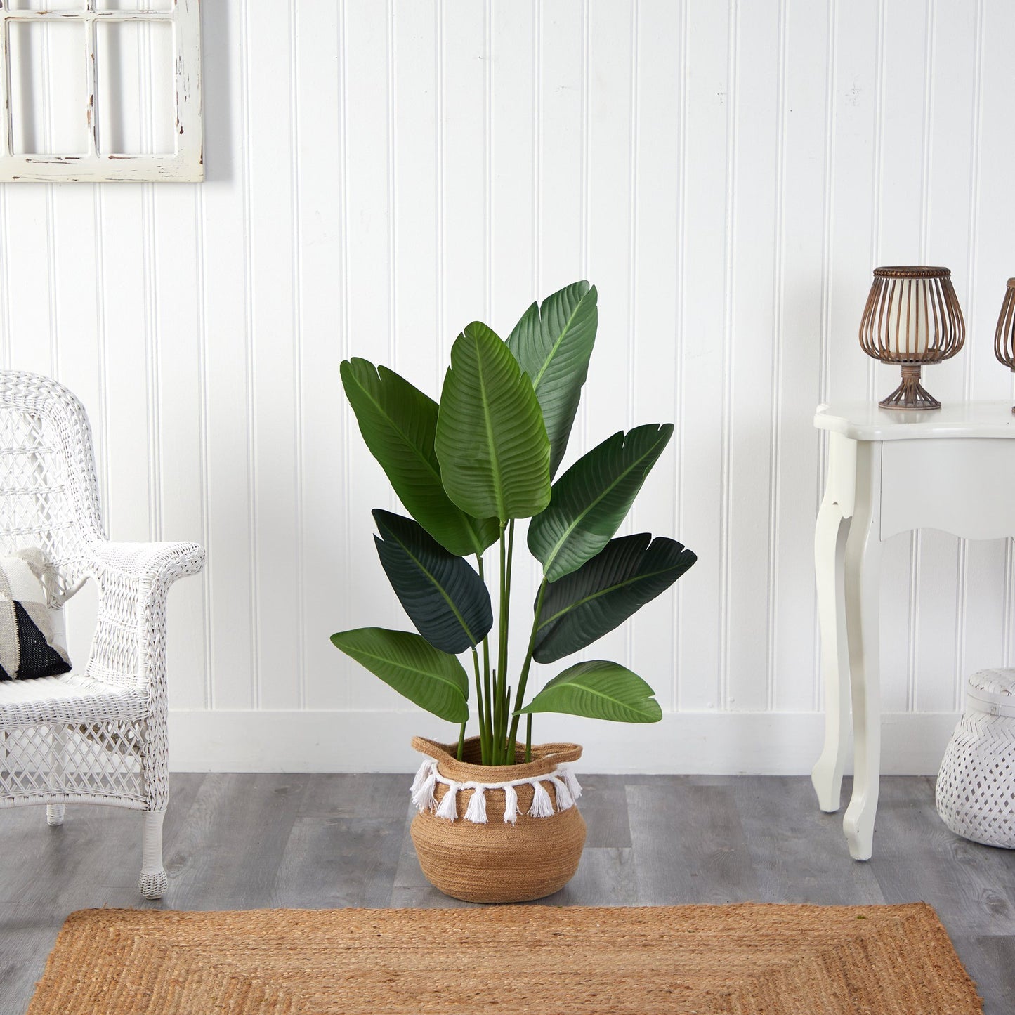 4’ Traveler's Palm Artificial Tree in Boho Chic Handmade Natural Cotton Woven Planter with Tassels