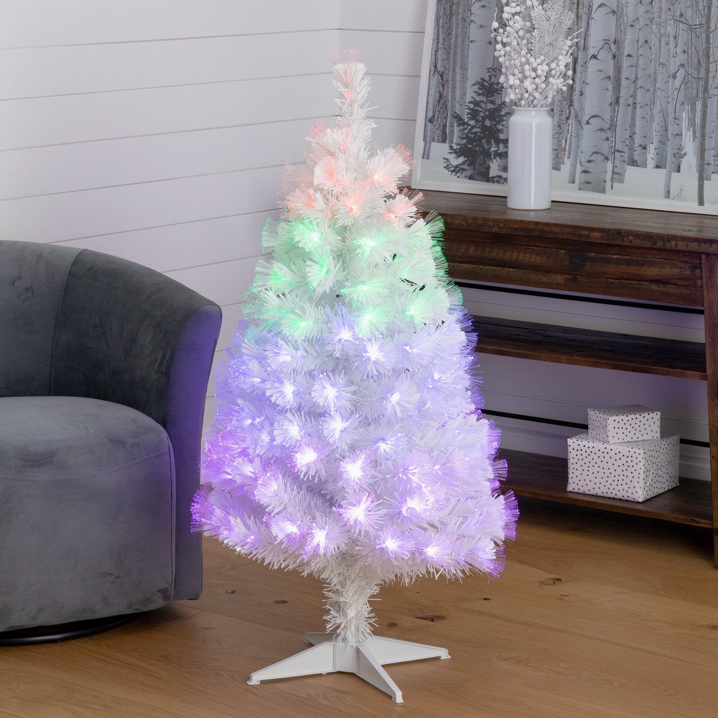 4' White Pre-Lit Fiber Optic Artificial Christmas Tree with 120 Colorful LED and Remote Control Show