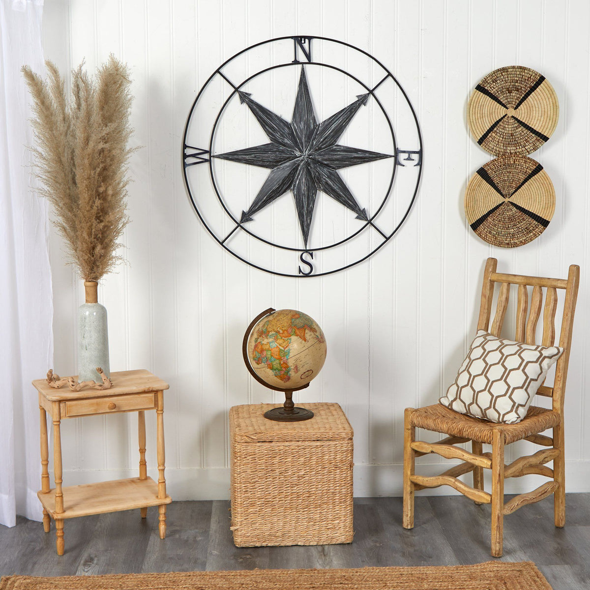 40” Washed Nautical Metal Compass Wall Art Decor