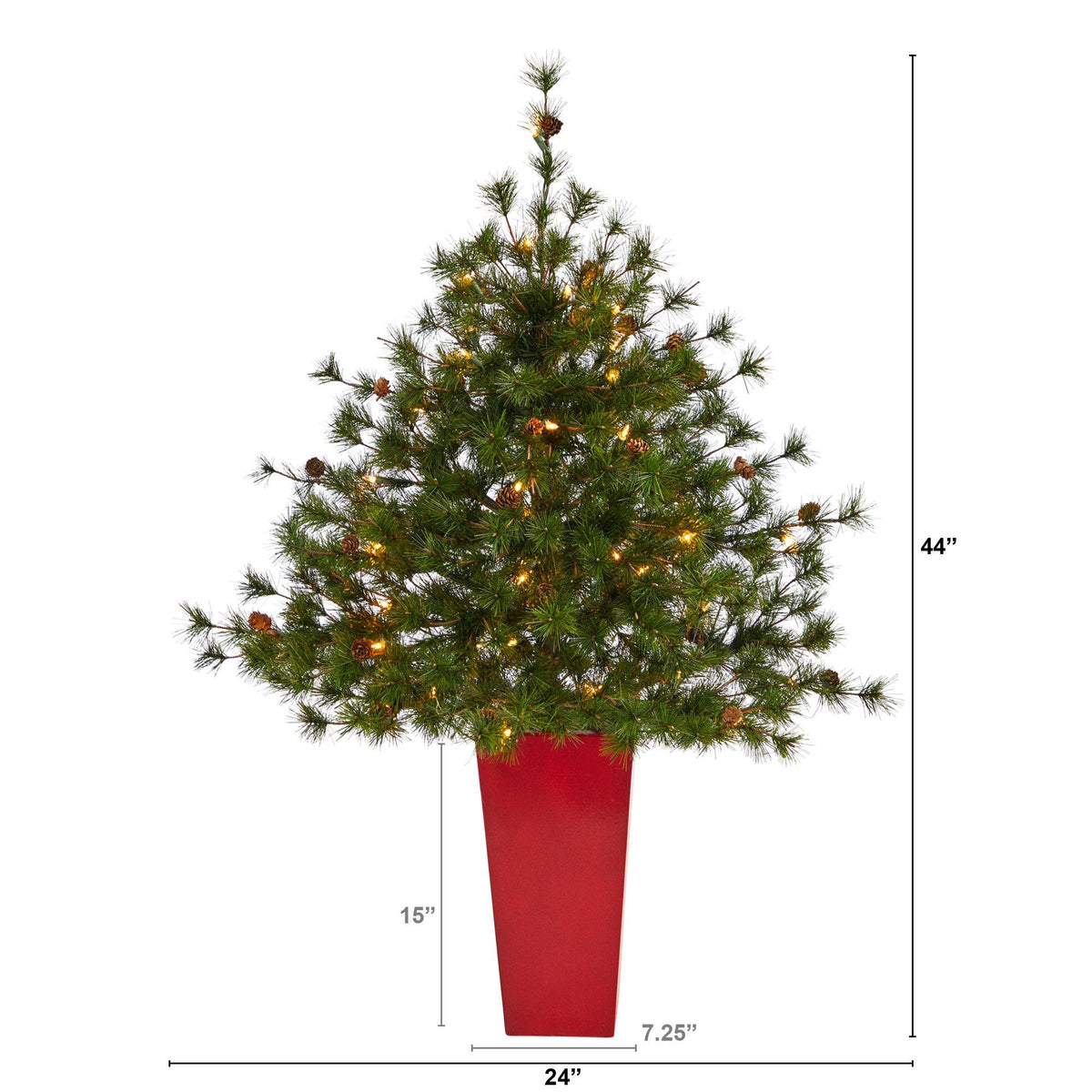 a small tree with lights in a red pot
