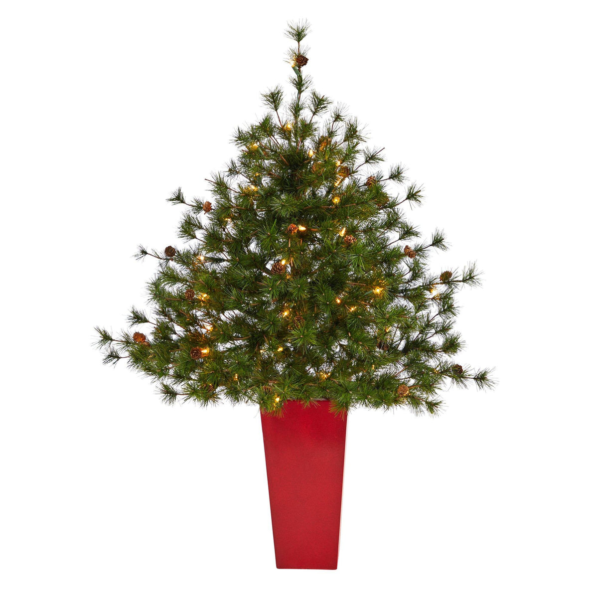 a tree with lights in a red pot