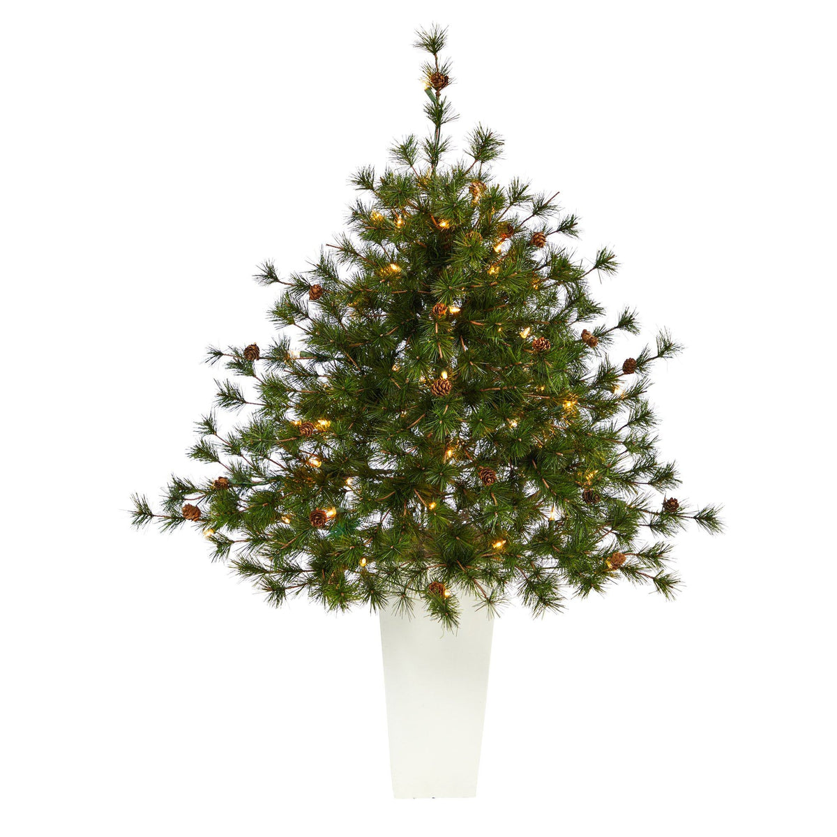 a tree with lights in a white pot