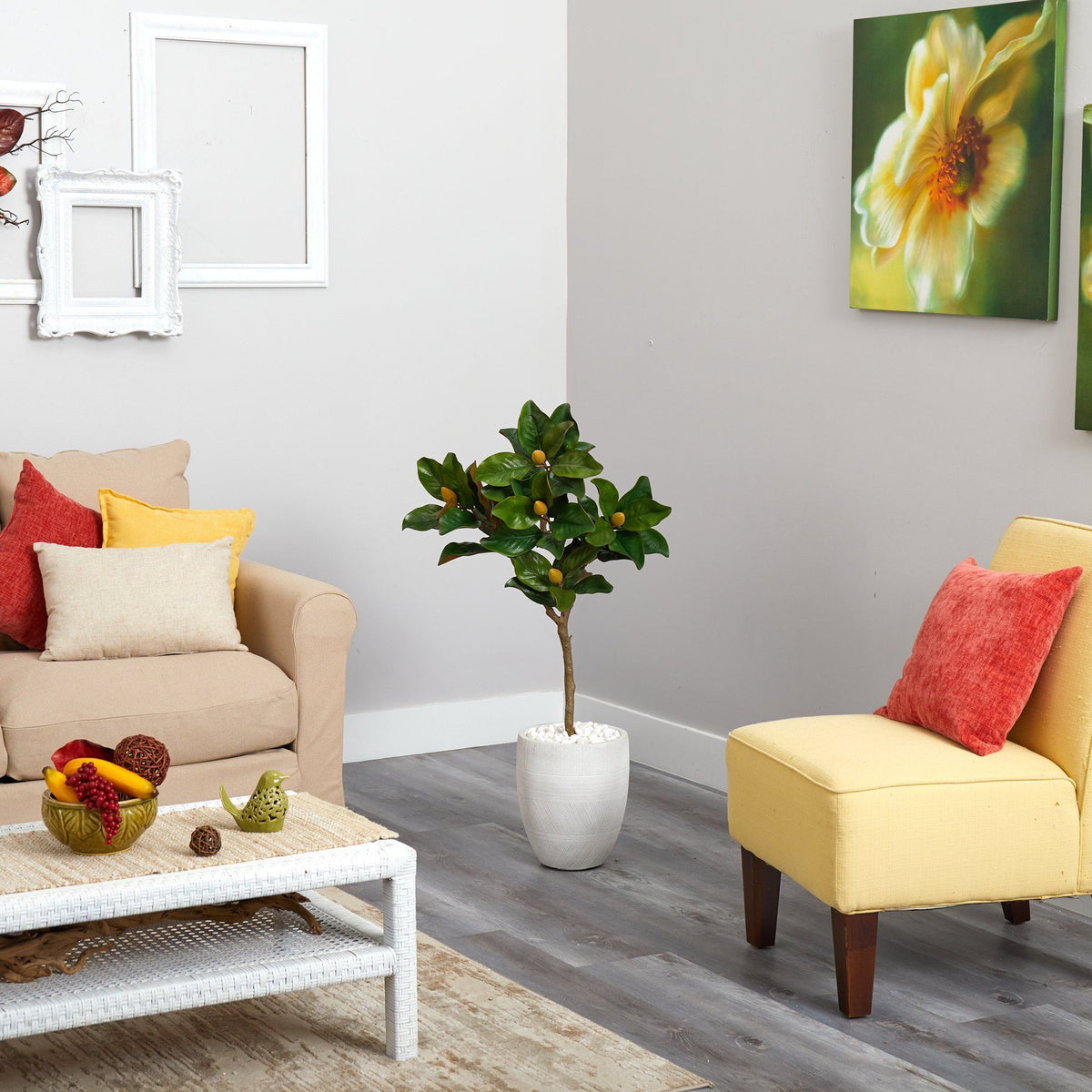 44” Magnolia Leaf Artificial Tree in White Planter