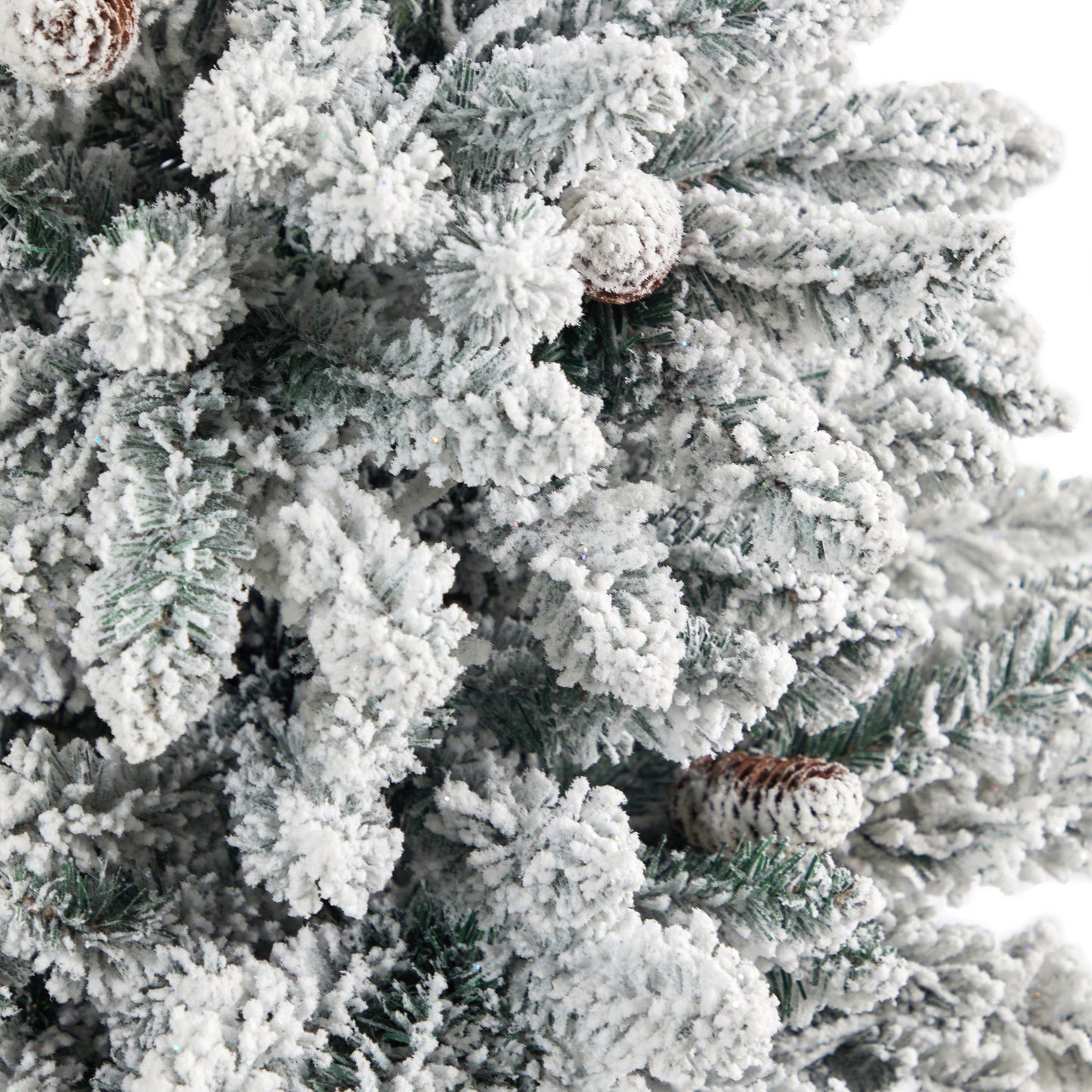 4.5’ Flocked Livingston Fir Artificial Christmas Tree with Pine Cones and 150 Clear Warm LED Lights in Tall White Planter