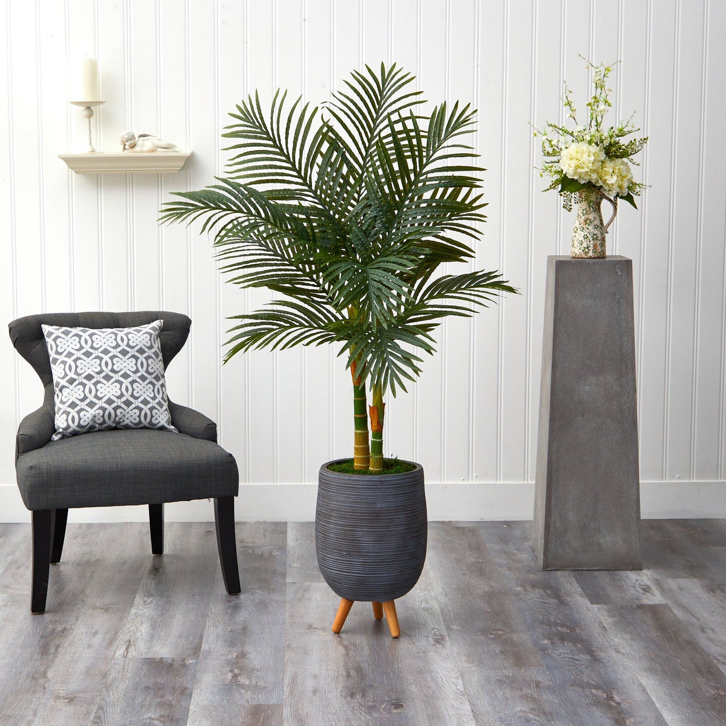 4.5’ Golden Cane Artificial Palm Tree in Gray Tri-Pod Planter