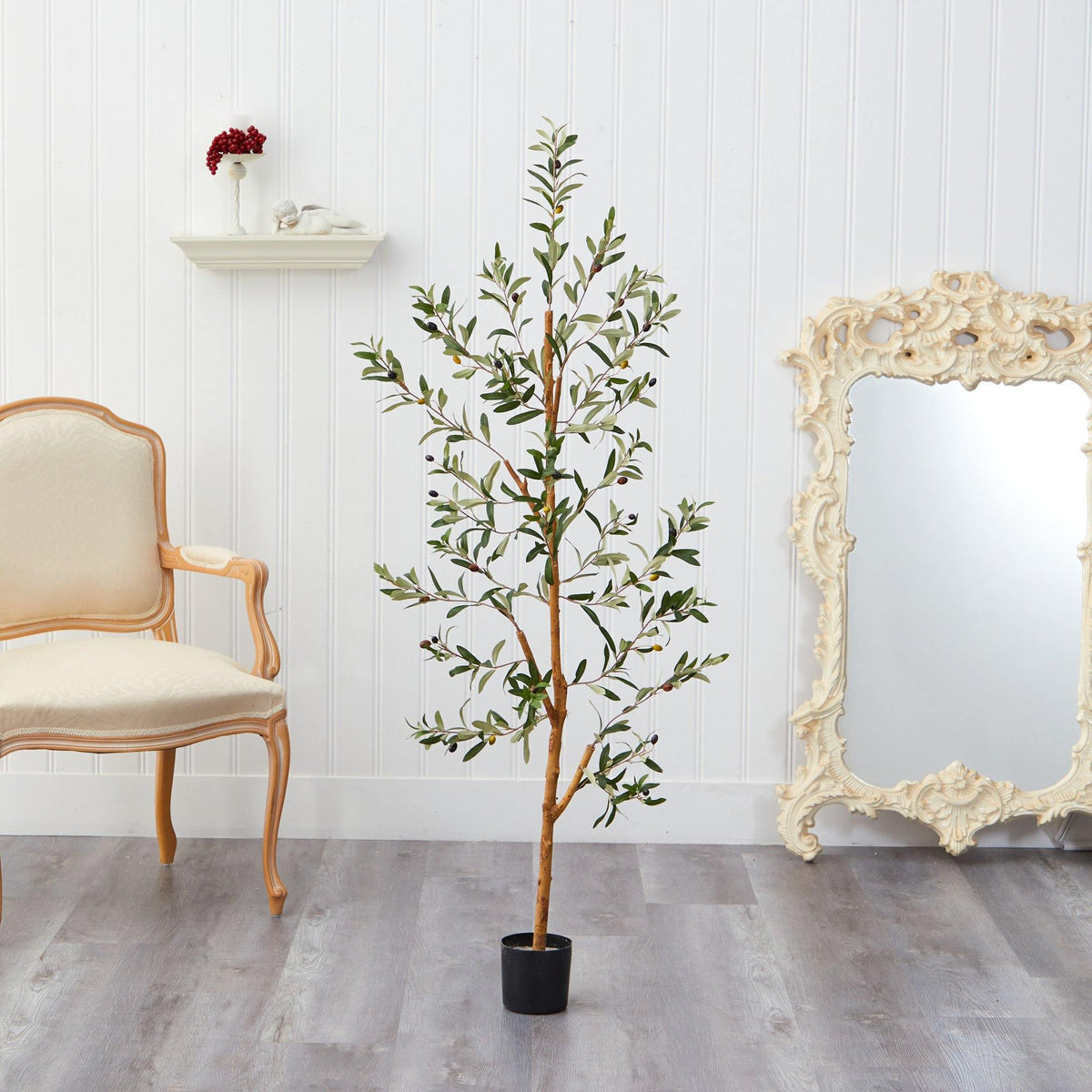 a tree in a pot next to a mirror