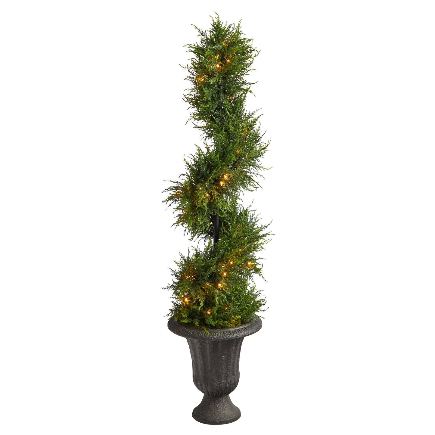 4.5’ Spiral Cypress Artificial Tree in Charcoal Urn with 80 Clear LED Lights UV Resistant (Indoor/Outdoor)