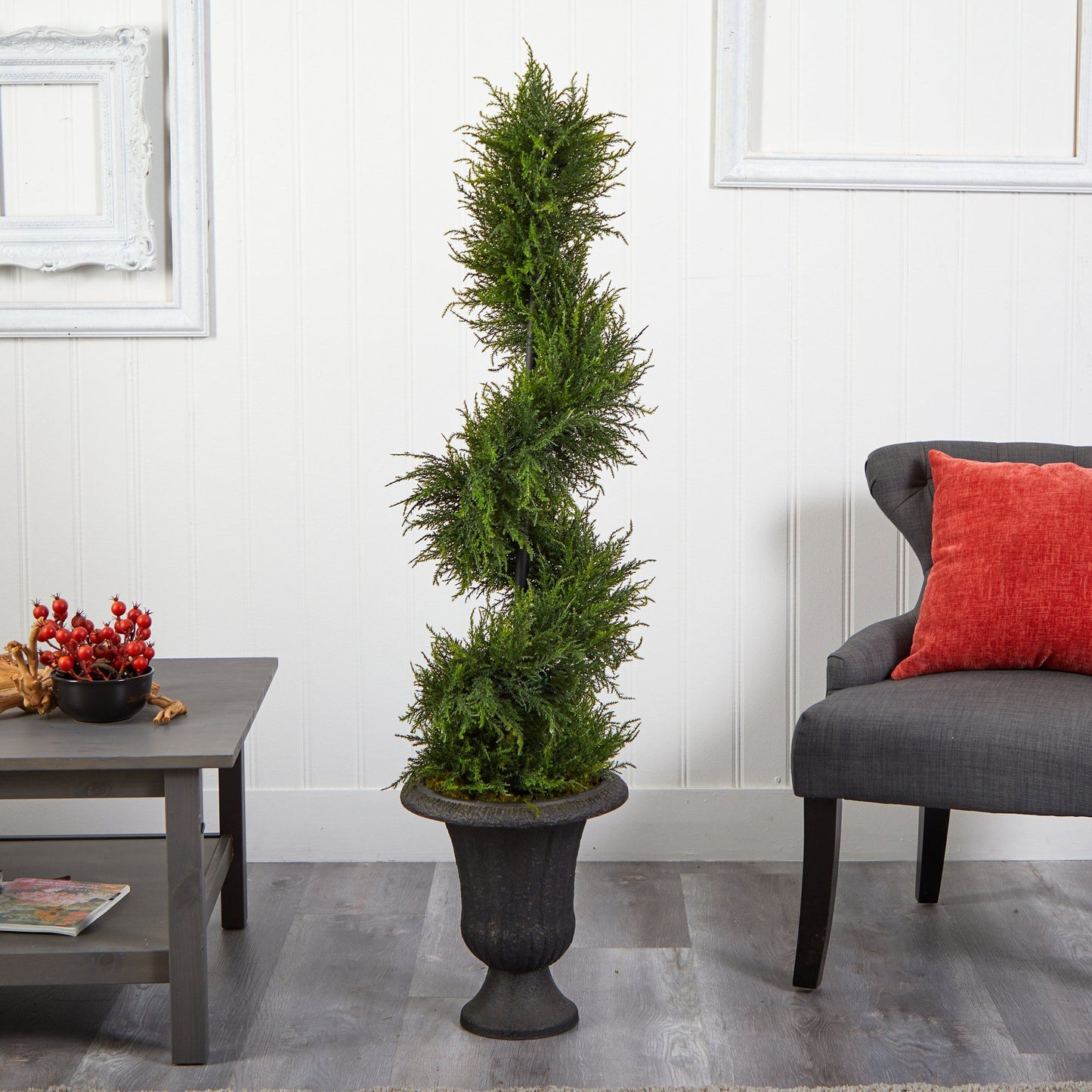 4.5’ Spiral Cypress Artificial Tree in Charcoal Urn with 80 Clear LED Lights UV Resistant (Indoor/Outdoor)