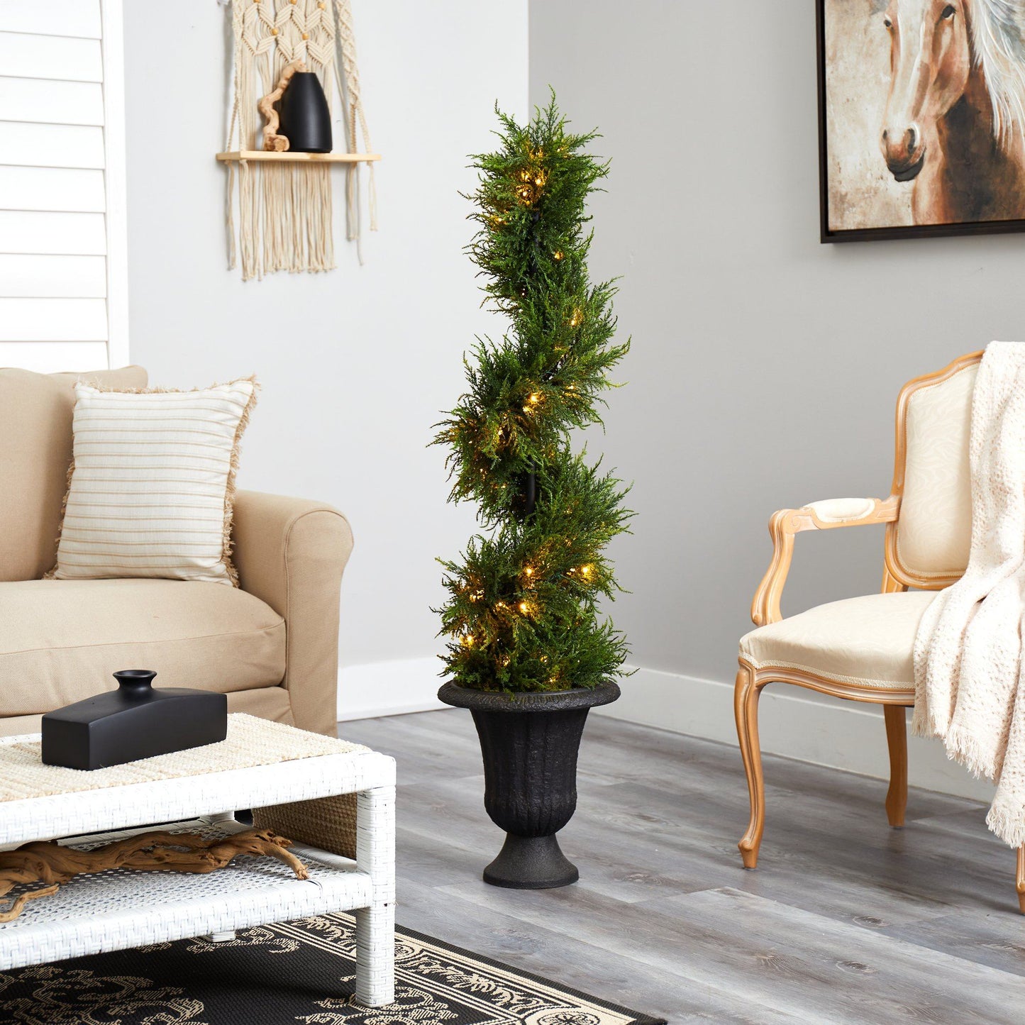 4.5’ Spiral Cypress Artificial Tree in Charcoal Urn with 80 Clear LED Lights UV Resistant (Indoor/Outdoor)