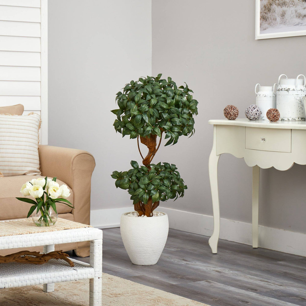 45” Sweet Bay Double Ball Topiary Artificial Tree in White Planter