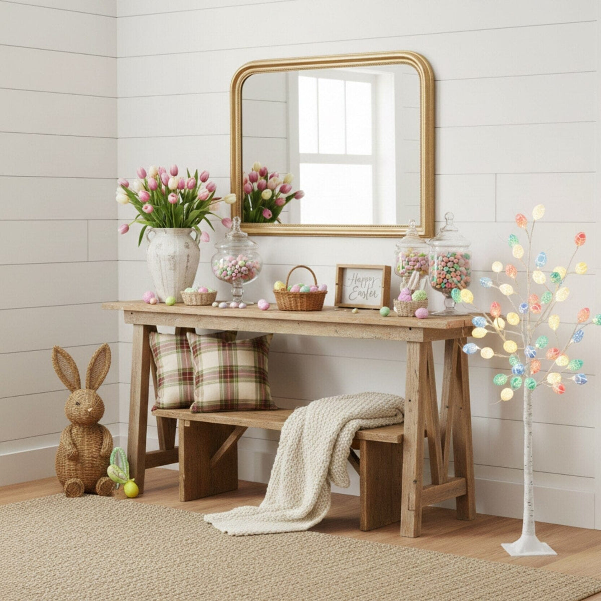 a table with a bench and a mirror