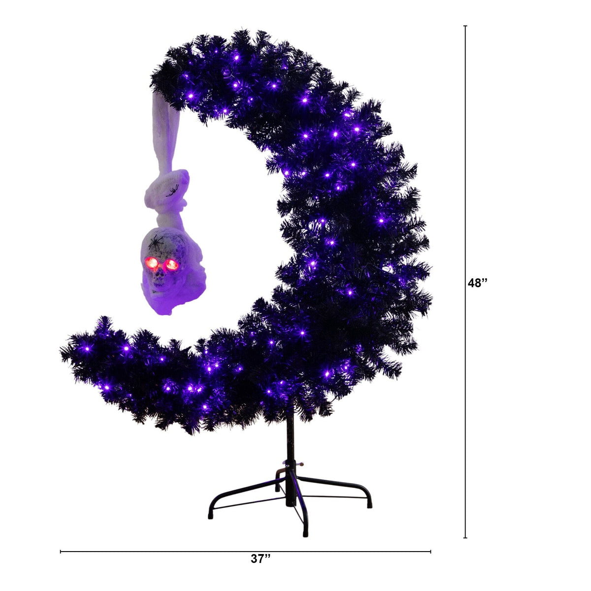 a purple christmas tree with a white skull from it