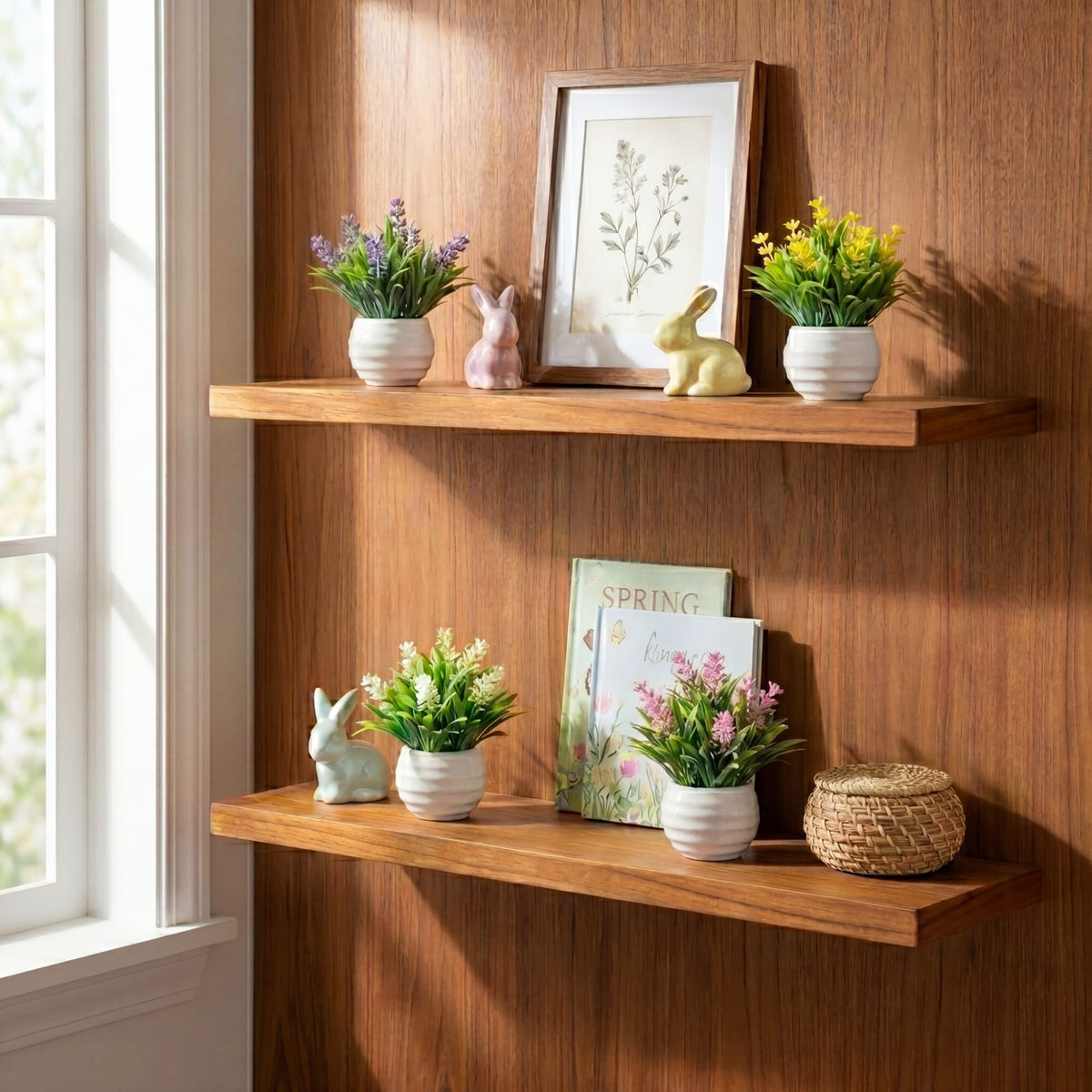 a shelf with plants and flowers on it