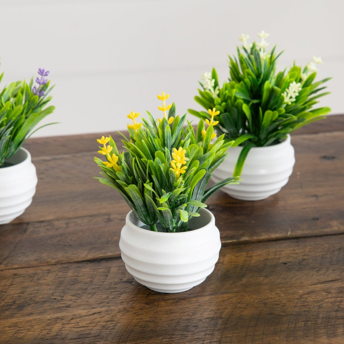 a group of small white pots with flowers