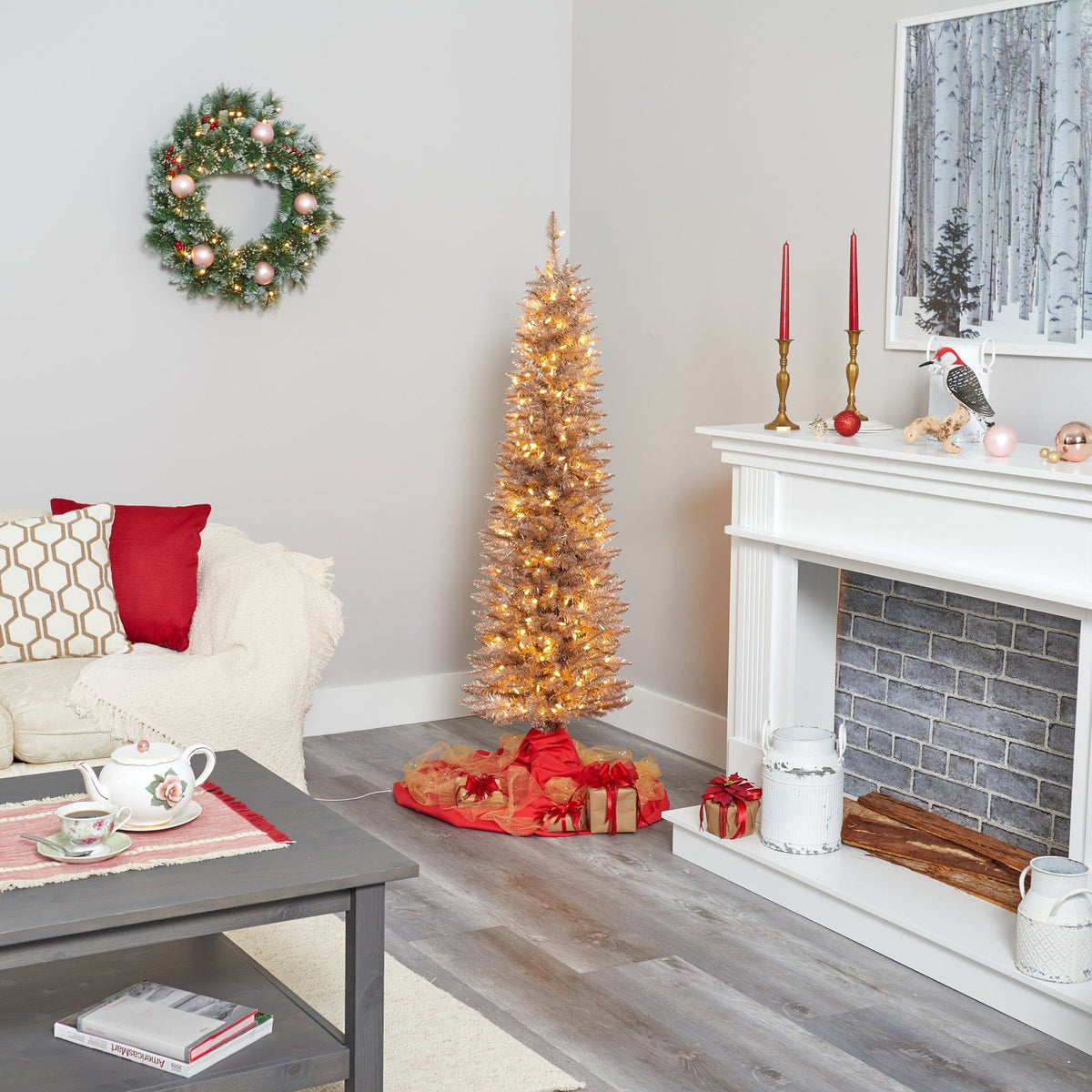 5’ Champagne Pencil Artificial Christmas Tree with 250 (multifunction) Clear LED Lights and 438 Bendable Branches
