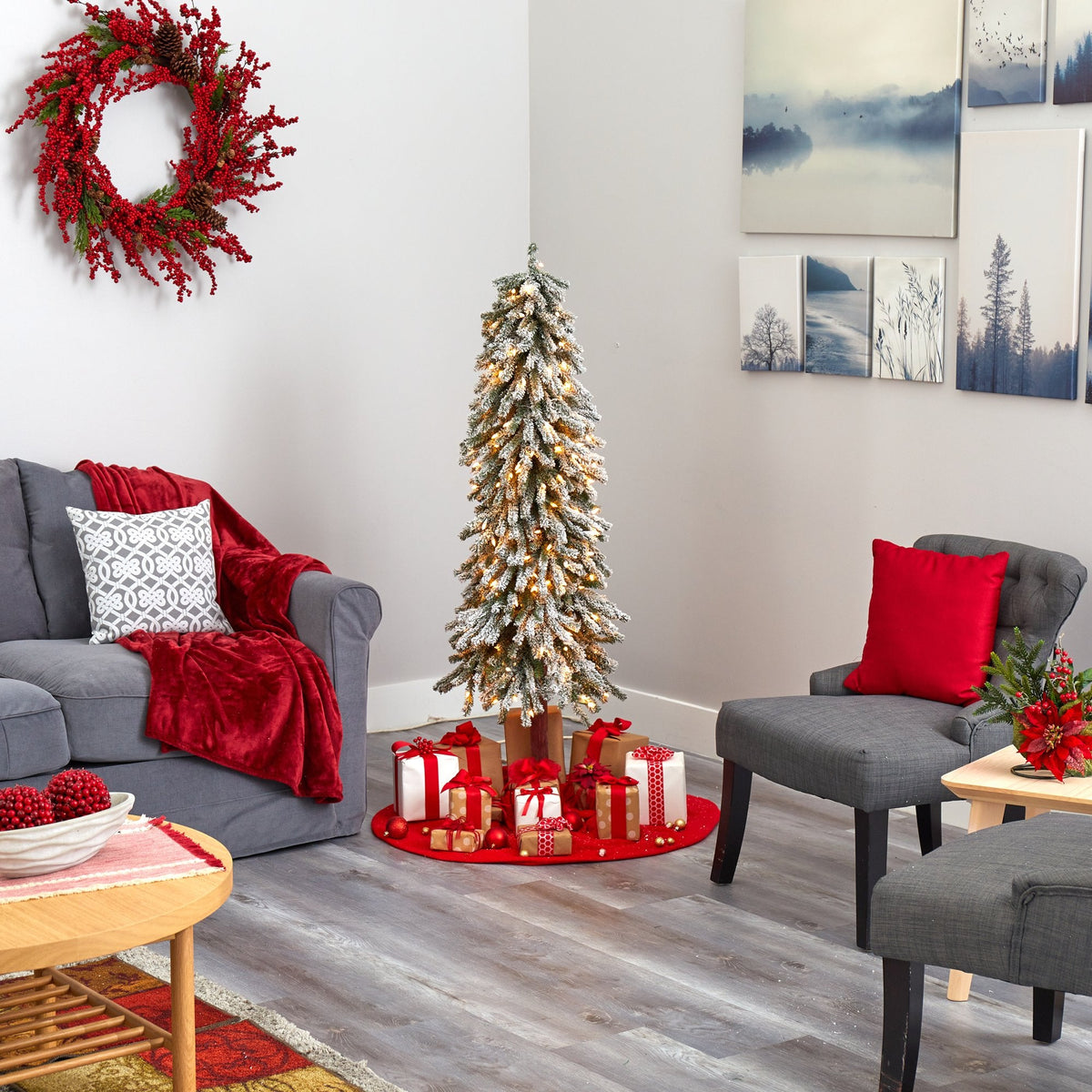 a christmas tree in a room