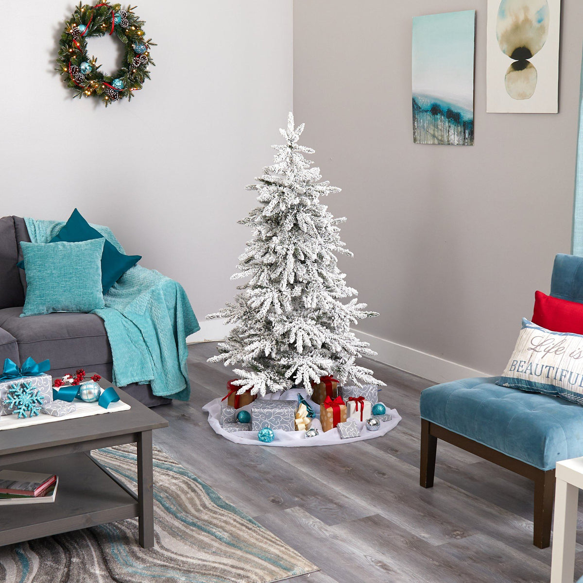 a christmas tree in a room