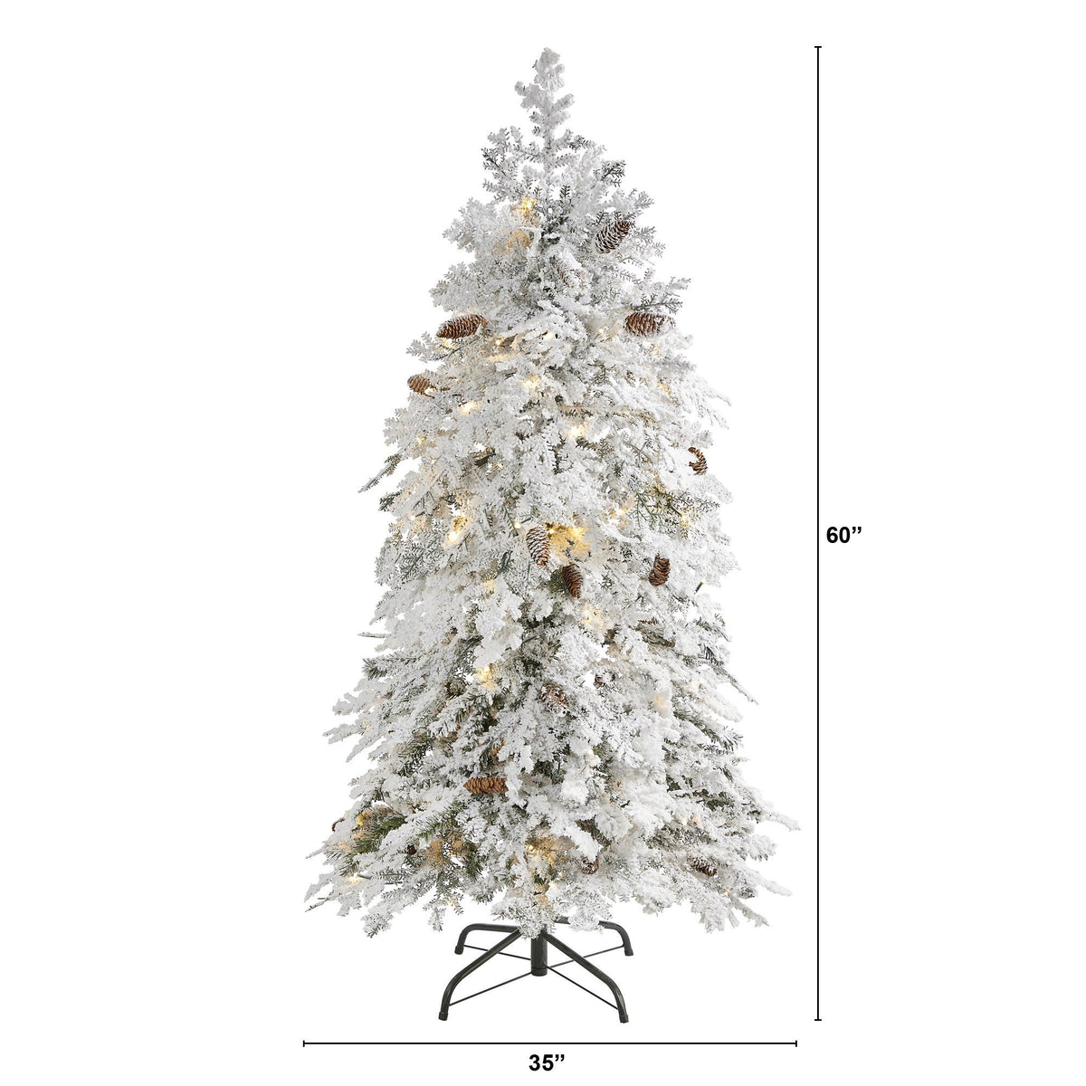 a tall christmas tree with lights and snow