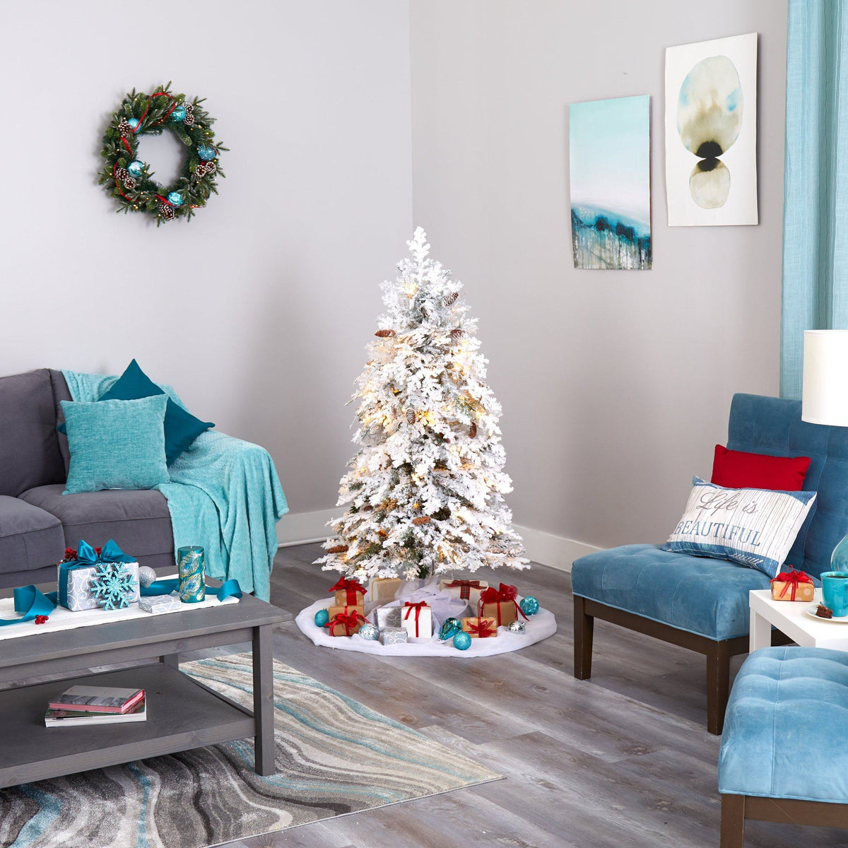 a christmas tree in a room