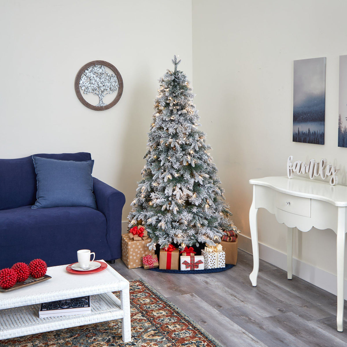 a christmas tree in a room